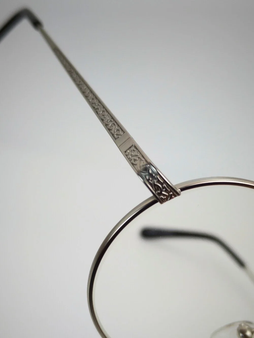 Inscription. Classic Round Silver Metal Glasses. Matsuda Type Decor Temple.